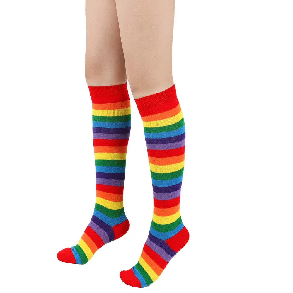 3 Pairs of Womens Rainbow Knee Socks Colorful Striped High Socks Stockings