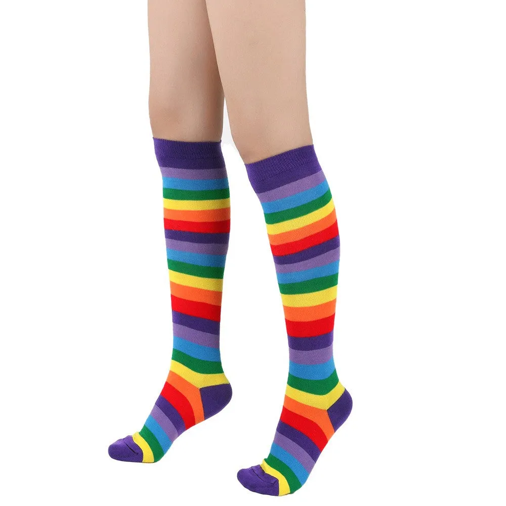 3 Pairs of Womens Rainbow Knee Socks Colorful Striped High Socks Stockings