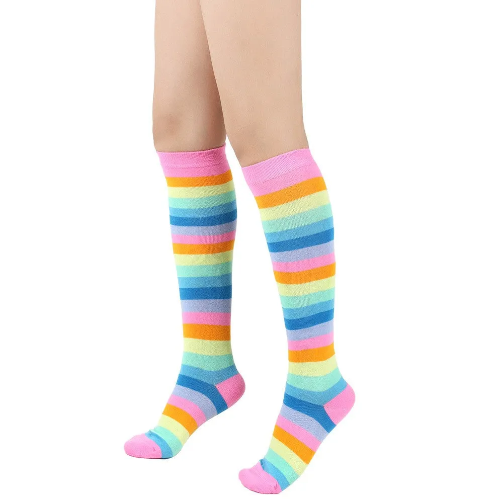 3 Pairs of Womens Rainbow Knee Socks Colorful Striped High Socks Stockings