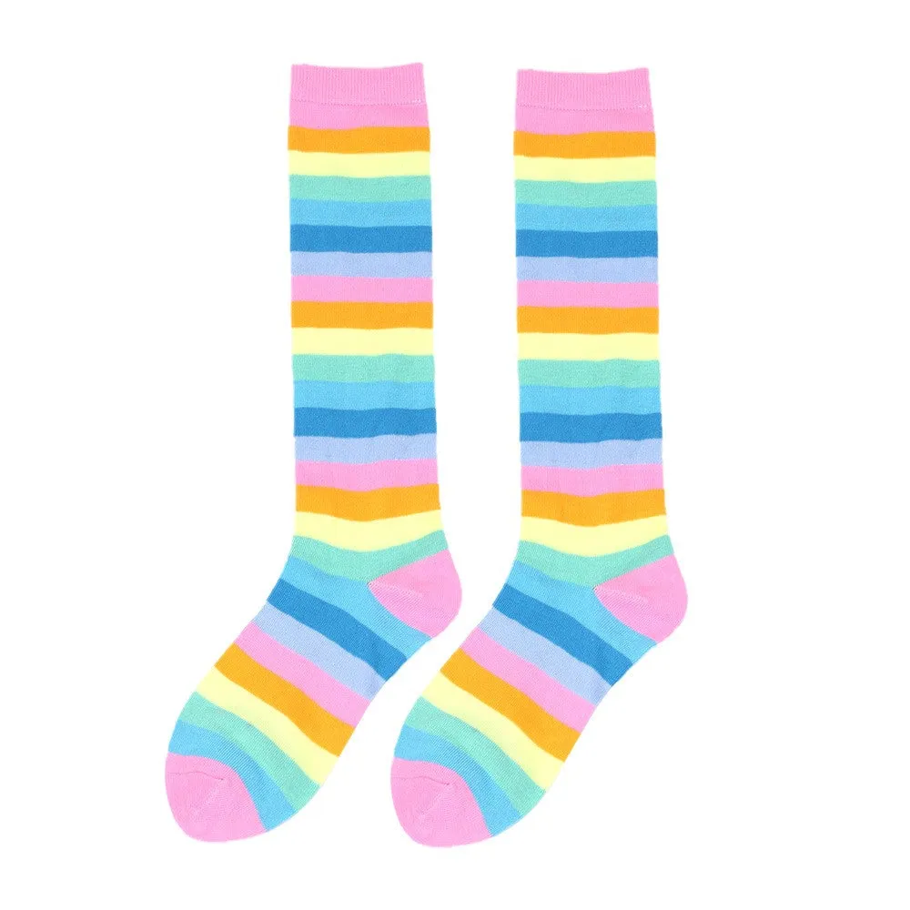 3 Pairs of Womens Rainbow Knee Socks Colorful Striped High Socks Stockings