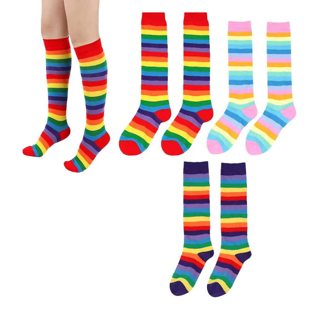 3 Pairs of Womens Rainbow Knee Socks Colorful Striped High Socks Stockings