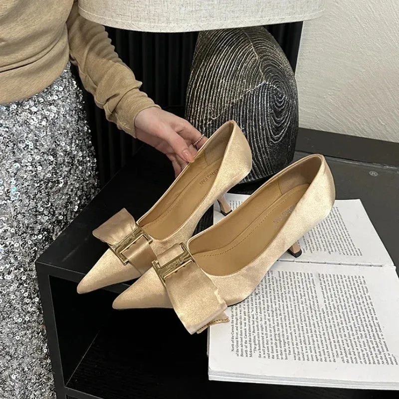 Advbridge  Satin Silk High Heels Women Butterfly Pointed Sexy High Heeled Lady Luxury Wedding Shoes Bride Low Heel Office Women Shoes Pumps