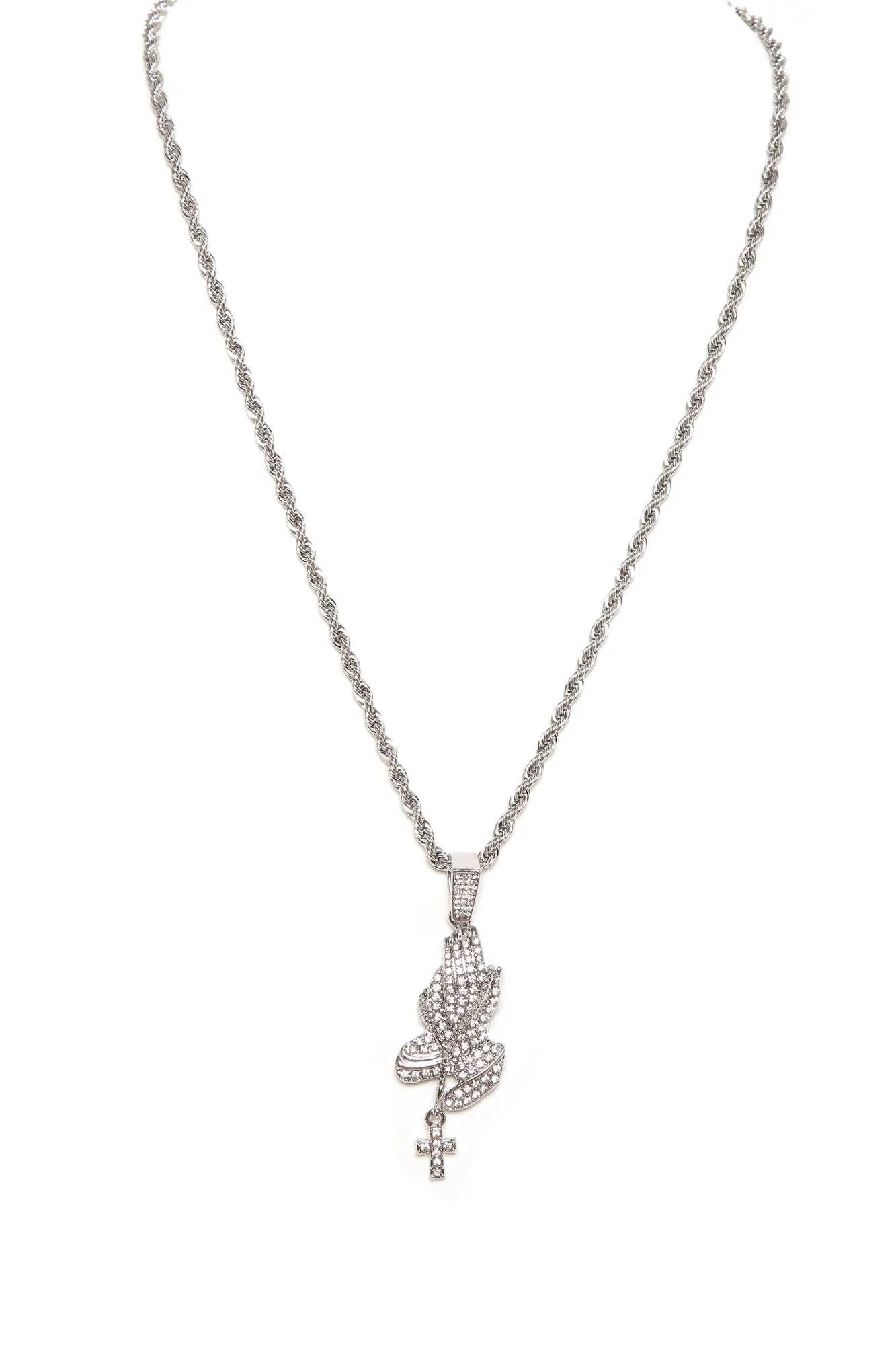 Bling Praying Hands Pendant Necklace - Silver