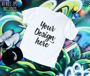 Graffiti Tee Shirt with Shoes Mockup | White Tee Mock-Up