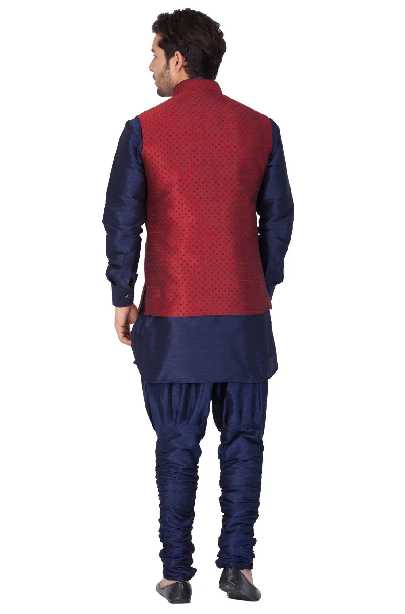 Jashvi Men's Blue Cotton Silk Blend Kurta, Nehru Jacket and Bredges Set