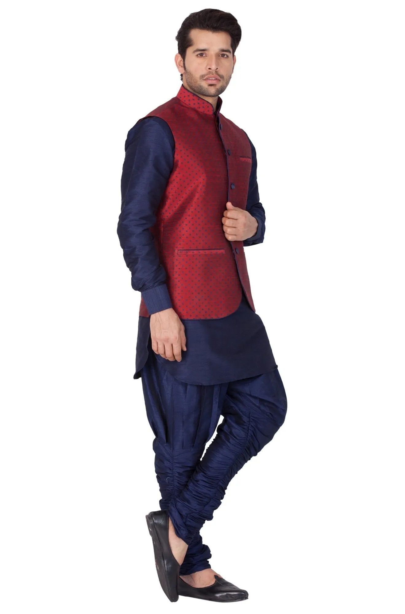 Jashvi Men's Blue Cotton Silk Blend Kurta, Nehru Jacket and Bredges Set