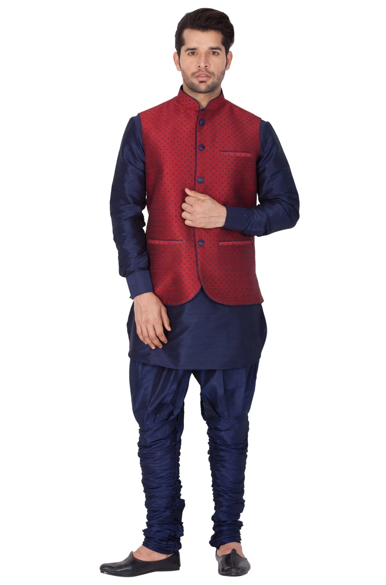 Jashvi Men's Blue Cotton Silk Blend Kurta, Nehru Jacket and Bredges Set
