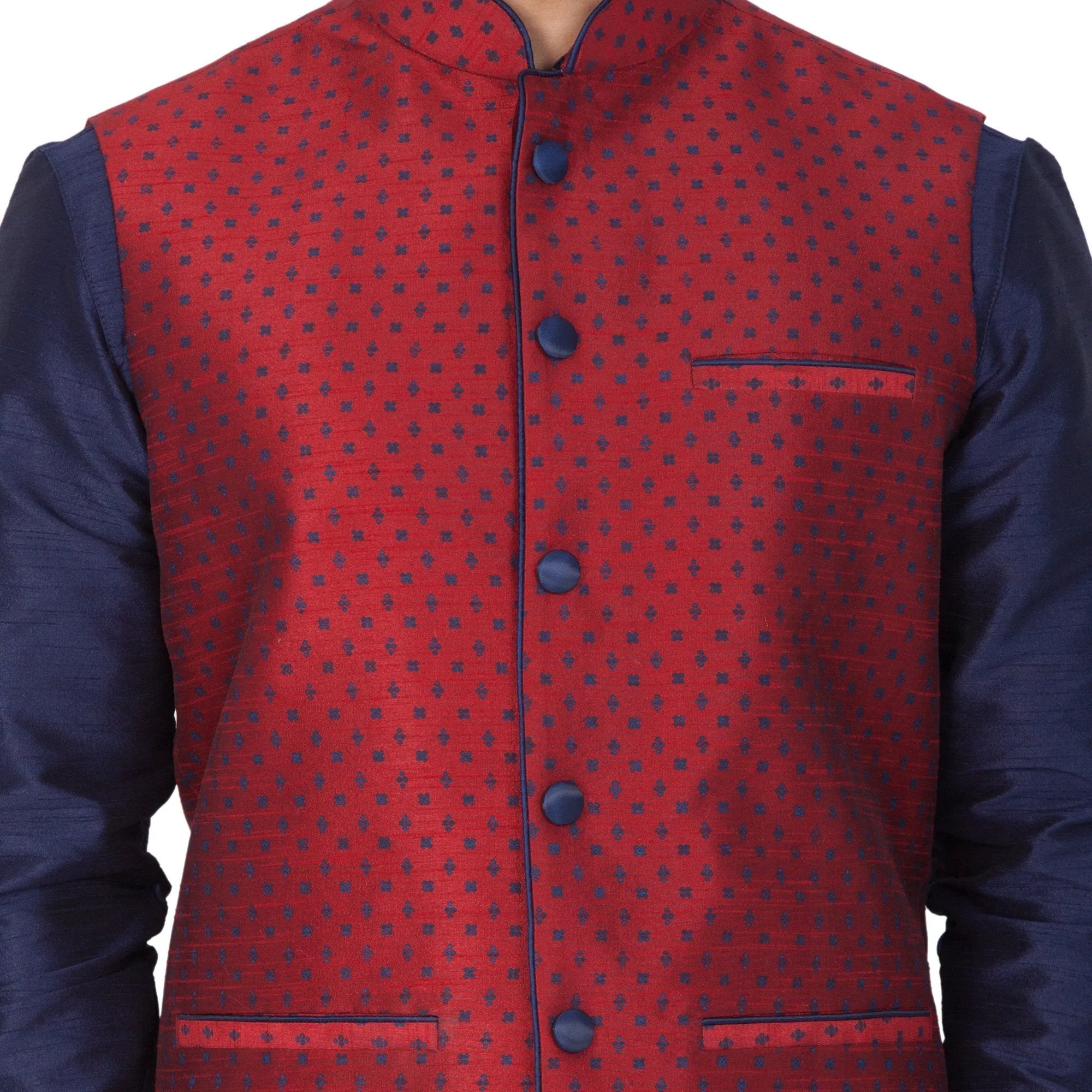 Jashvi Men's Blue Cotton Silk Blend Kurta, Nehru Jacket and Bredges Set