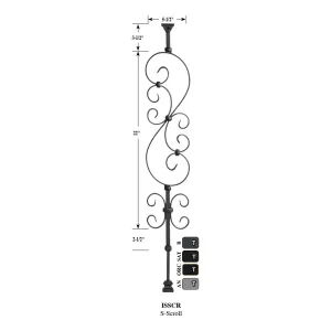 "Ole Iron Slides" - 1/2" Square x 30"-38"H Standard Scroll Adjustable Hollow Iron Baluster (ISSCR)