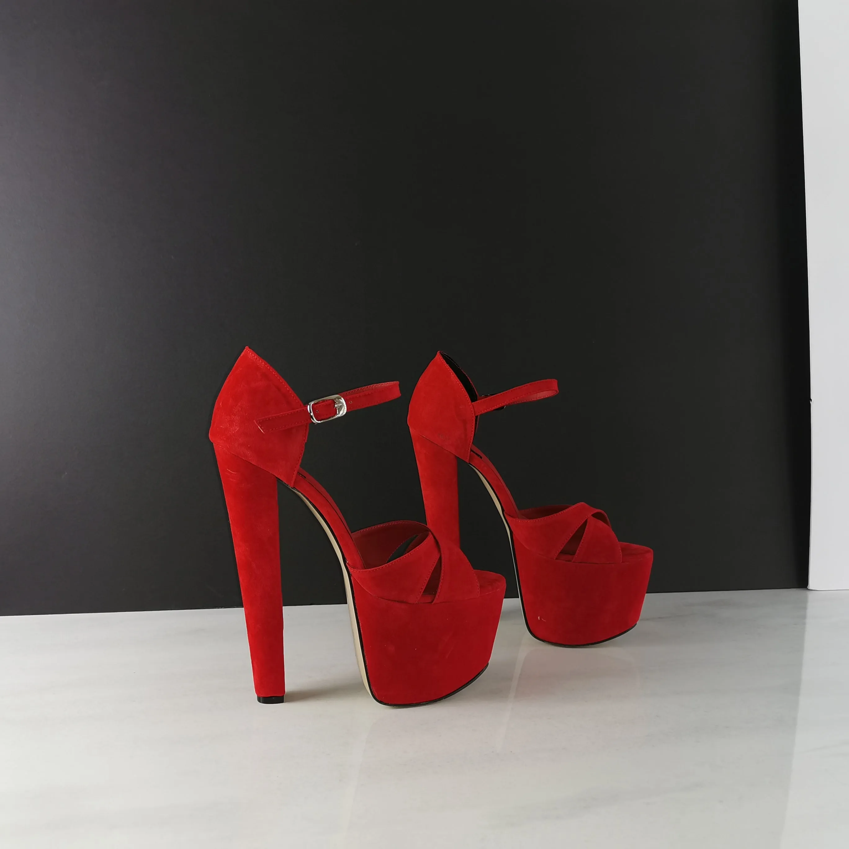 Red Suede Cross Strap Platforms