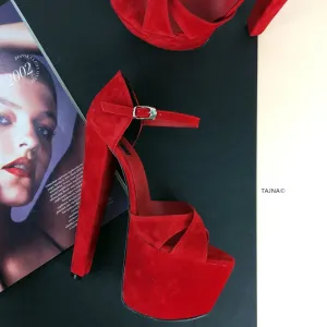 Red Suede Cross Strap Platforms