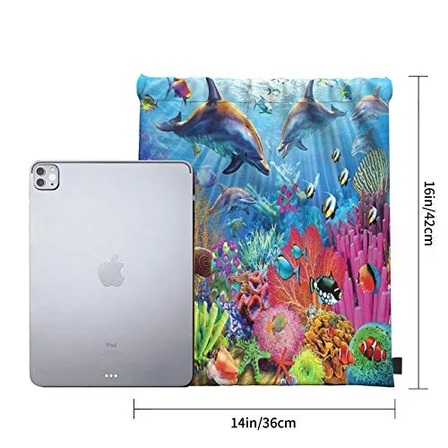 Underwater Ocean Dolphin Fish Coral Reef Summer Drawstring Backpack Sport Gym Bag Sackpack Shoulder Bags for Hiking Yoga Travel Beach