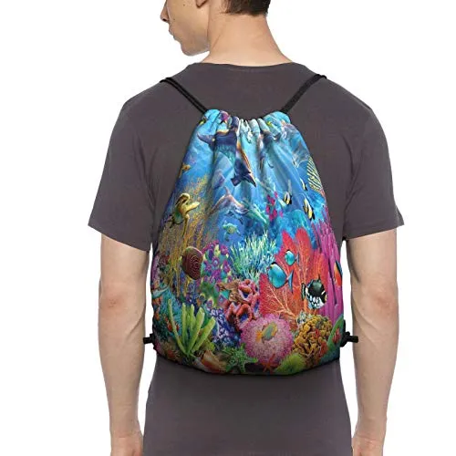 Underwater Ocean Dolphin Fish Coral Reef Summer Drawstring Backpack Sport Gym Bag Sackpack Shoulder Bags for Hiking Yoga Travel Beach