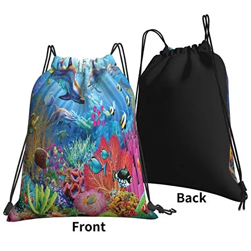 Underwater Ocean Dolphin Fish Coral Reef Summer Drawstring Backpack Sport Gym Bag Sackpack Shoulder Bags for Hiking Yoga Travel Beach