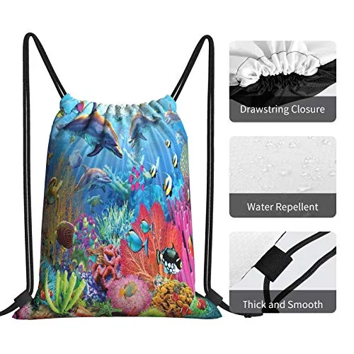 Underwater Ocean Dolphin Fish Coral Reef Summer Drawstring Backpack Sport Gym Bag Sackpack Shoulder Bags for Hiking Yoga Travel Beach