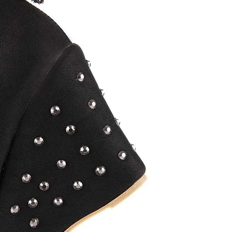 Women mid calf back cute lace studded wedge boots