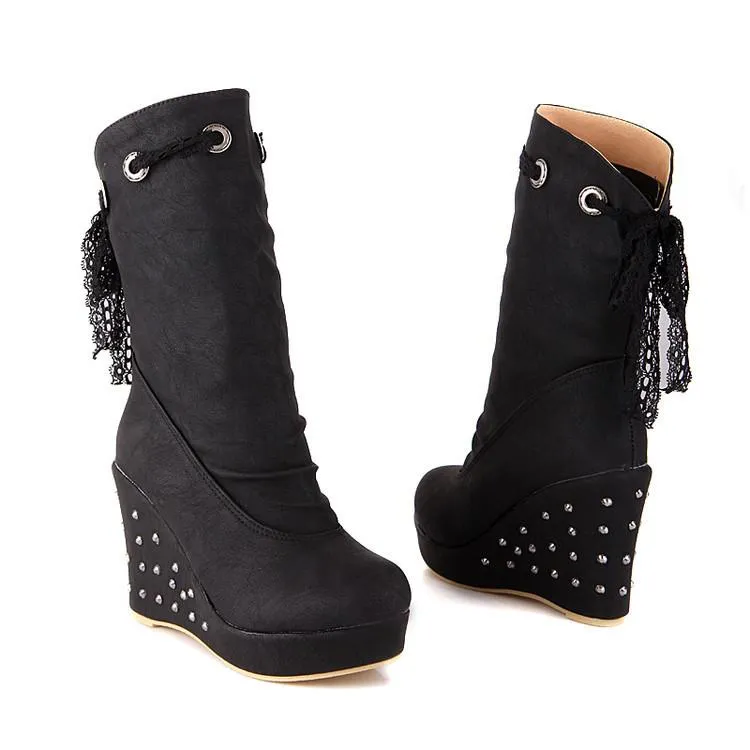 Women mid calf back cute lace studded wedge boots