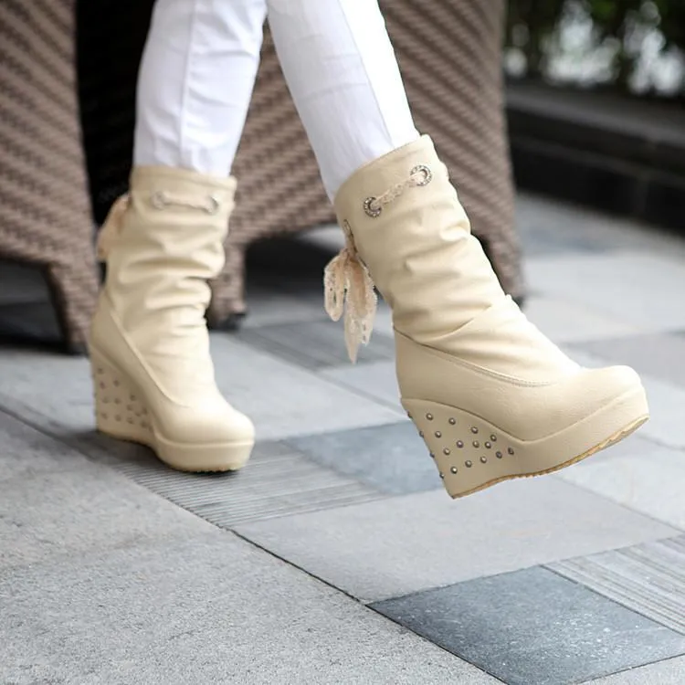 Women mid calf back cute lace studded wedge boots